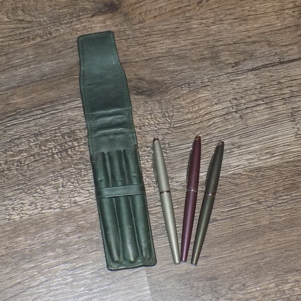 Cross Pen Set 3 Piece Rollerball Fountain Pens Green Leather Case Good Condition - Picture 2 of 8